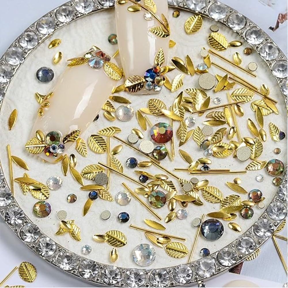 Chunmeng 3D Metal Nail Gems for Acrylic Nail Supplies, Holographic Gold Line Leaf Gems Sparkle Shape Design Decals DIY Manicure Jewelry Accessories for Women Girls Nail Decor