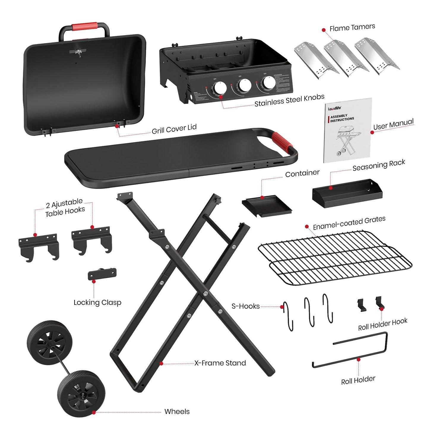 Laudlife 3-Burner Portable Gas Grill with 30,000 BTU, 320 SQ.IN Detachable Propane Grills, Non-Stick Porcelain Grate, Built-in Thermometer, Quick-Fold Design for Camping, Tailgating & Outdoor BBQ