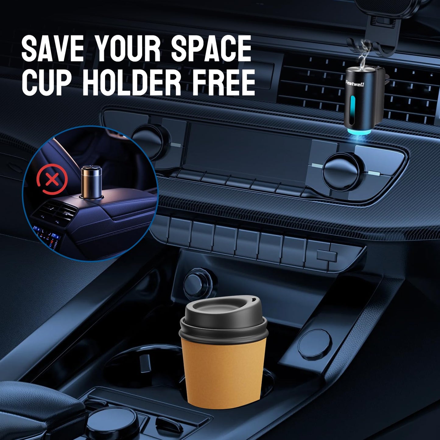 Featwell Car Air Freshener, Three Adjustable Modes Intelligent Car Aroma Diffuser, Rechargeable Car Aroma Diffuser, Black