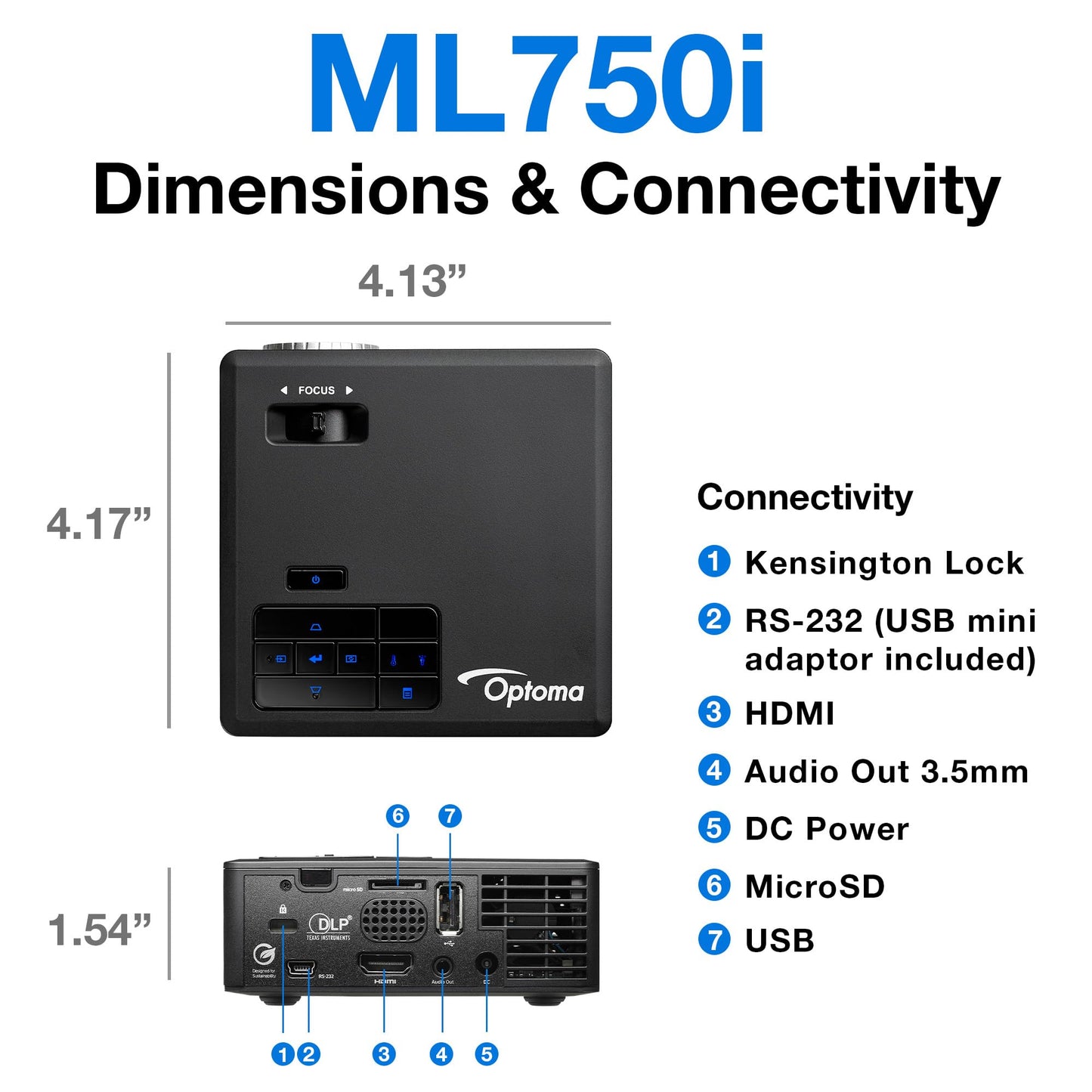 Optoma ML750i Mini Portable Business LED Projector - WXGA 1280 x 800, 450/700 Lumens, Under 1lb., Project via HDMI, USB-A, or MicroSD, Screen Mirror Wirelessly with Mobile Devices