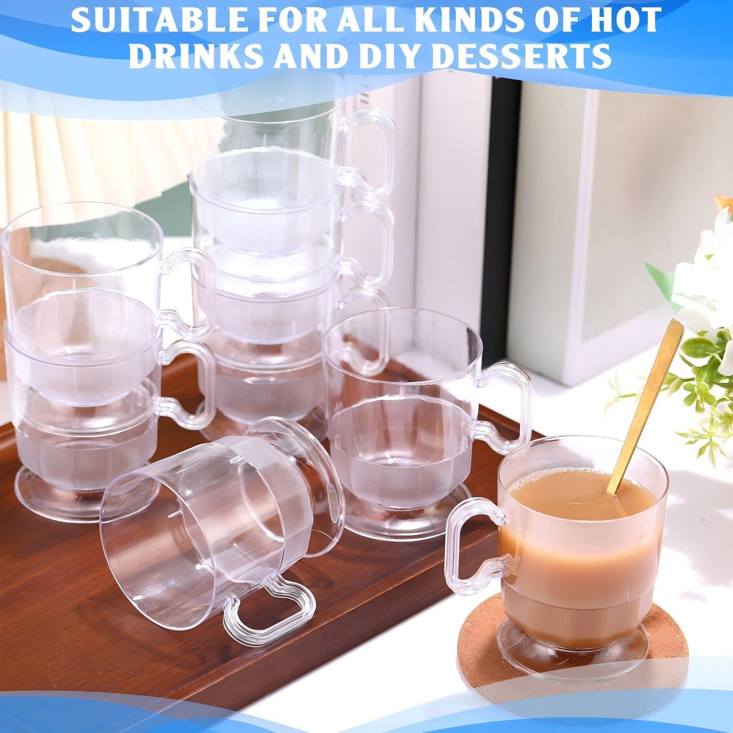 Dandat 200 Pcs Clear Hard Plastic Coffee Cup Tea Party Cup with Handle 8 oz Disposable Coffee Mug Bulk Reusable Espresso Mug for Tea Party School DIY Craft Birthday Dessert
