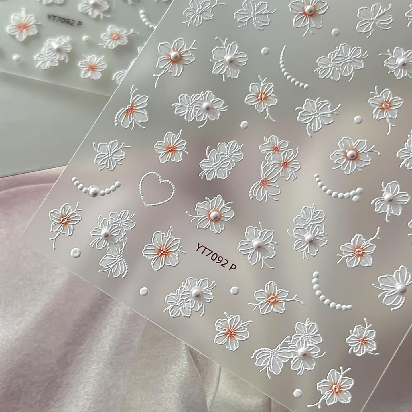 Flower Nail Stickers for Nail Art White Floral Nail Art Stickers 5D Embossed Self-Adhesive with Pearl Design Nails Charms Supplies for Women Girls
