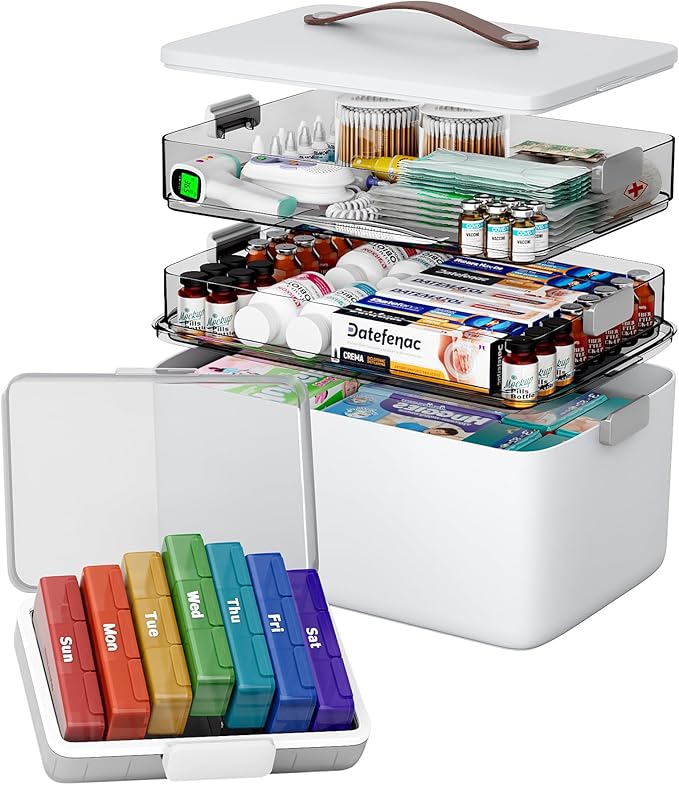 CTIME 3-Tier Medicine Organizer with Pill Case - Portable Pill Case & Empty First Aid Kit for Home, Travel, RV, School, Dorm, Ideal Elderly, Father Gift