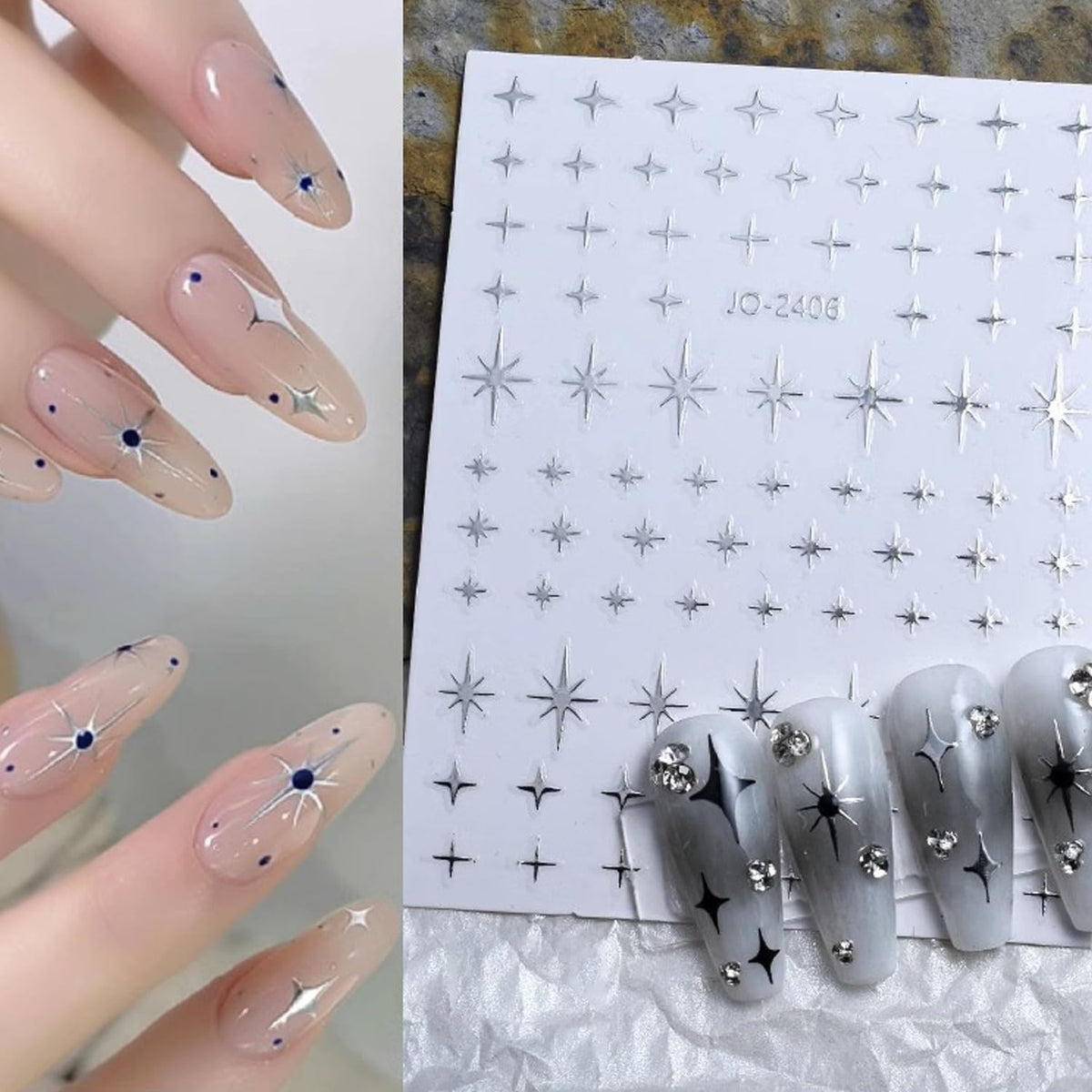 6Sheets Heart Star Nail Art Stickers 3D French Silver Glitter Nail Decals Designer Nail Supplies Metallic Silver Star Love Hearts Nail Designs Sticker for Women DIY Nail Decorations Accessories Crafts
