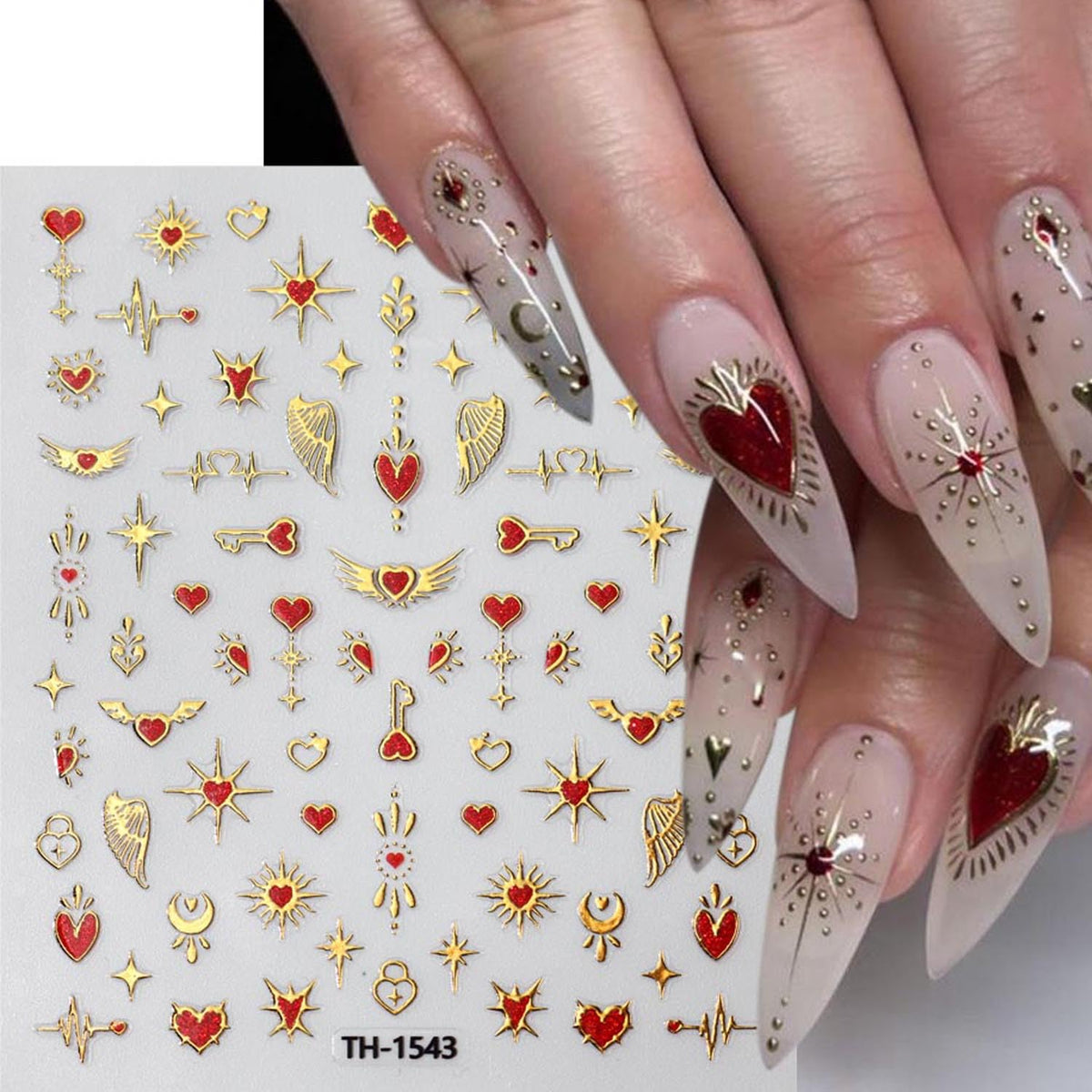 Gold Love Heart Nail Art Stickers Romantic Valentine's Day Red Heart Nail Supplies Love Bow Star Nail Stickers Stars Sun Moon Starlight DIY Transfer Decals Designs Nail Tip French Manicure Decor 3Pcs
