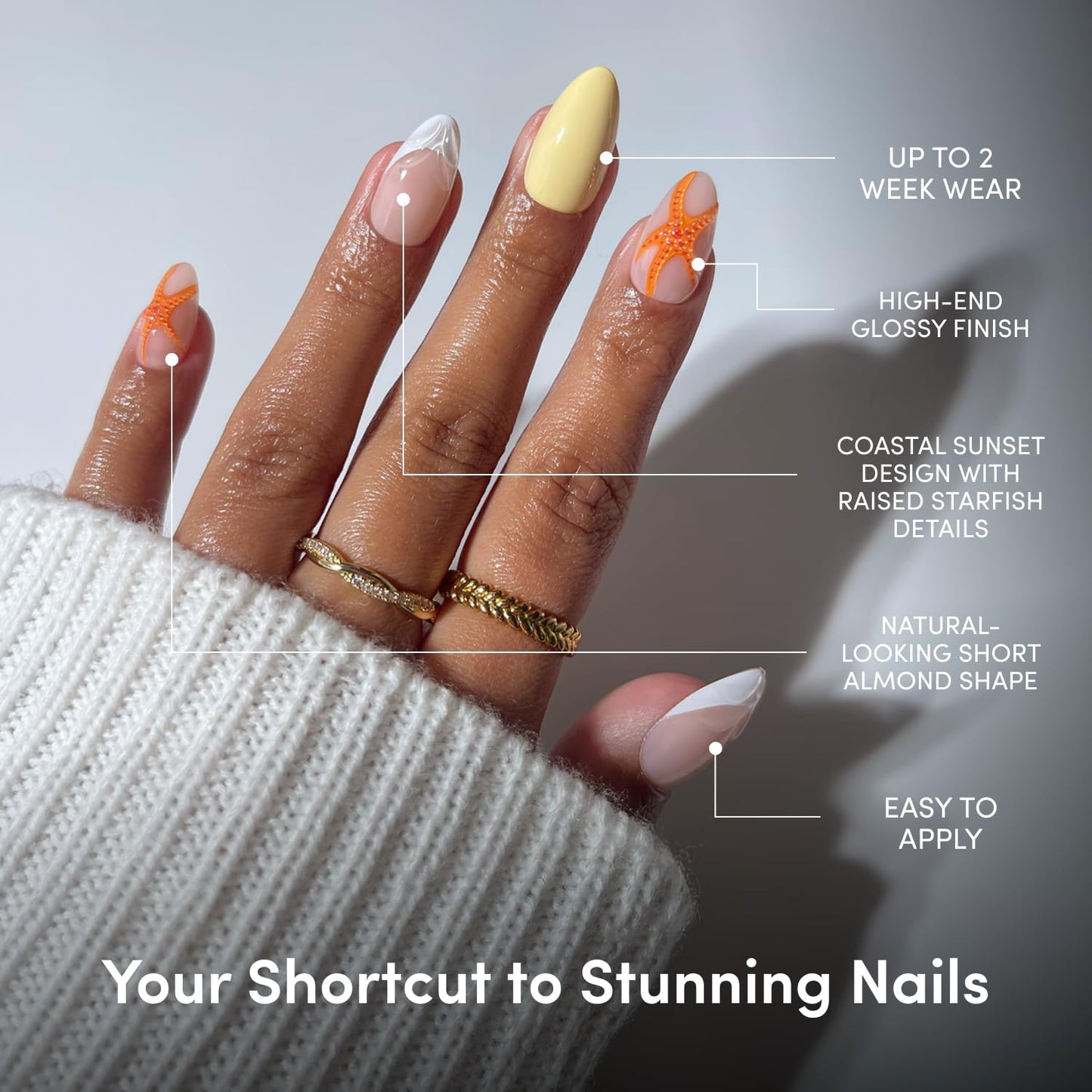 Glamnetic Short Almond Press-On Nails Bundle - Sicilian Sun, Sunbaked & Sunset Tide | Brown Fake Nails with a Velvet Finish | Tropical Nails with Brown Floral Designs, Gold Foil | False Nails Nails wi