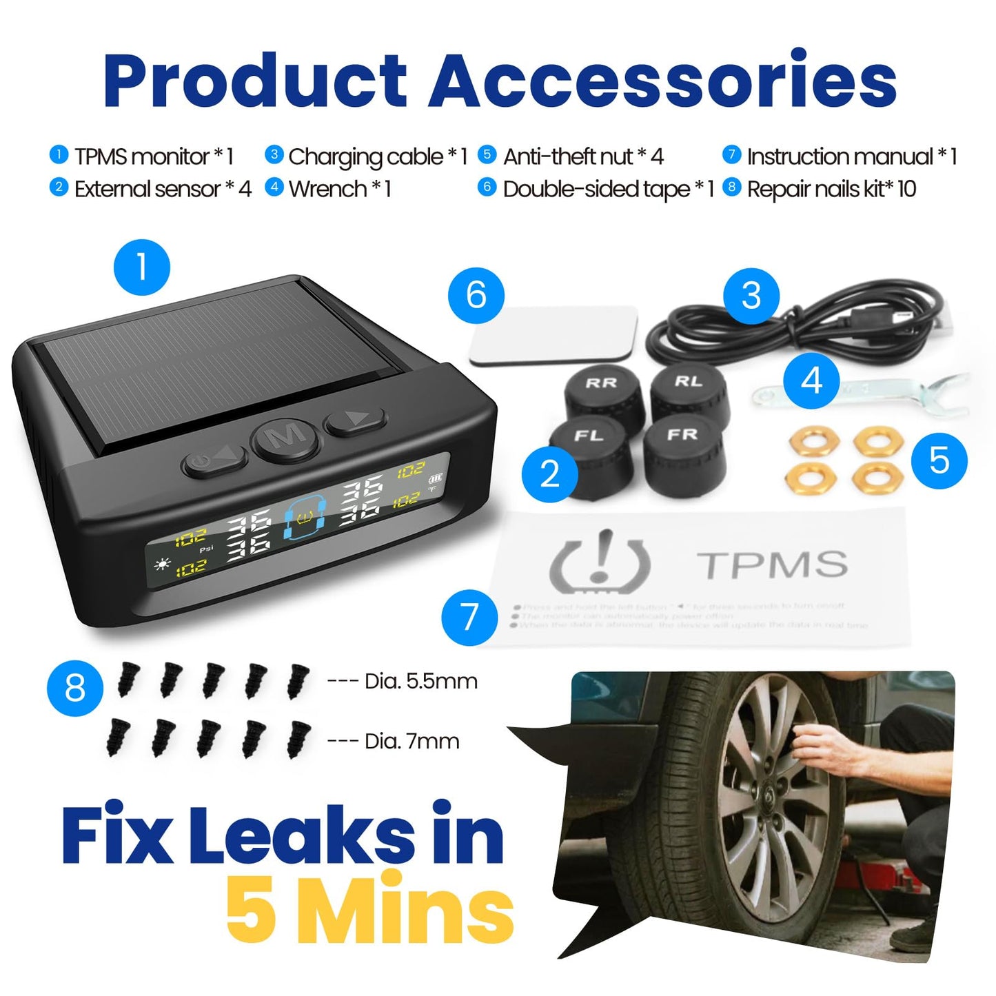 RV Tire Pressure Monitoring System 4-Wheel, Wireless Tire Pressure Monitoring Systems with 4 Sensors & 6 Alarm Modes, Solar/USB Charging, TPMS for RV Truck SUV w/ 10 Tire Repair Rubber Nails
