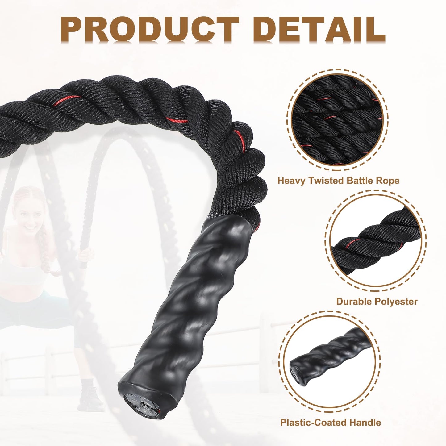 MECCANIXITY Battle Rope 50ft x 2 Inch Polyester Workout Rope Heavy Fitness Exercise Rope for Strength Training Home Gym Muscle Building, Black Red