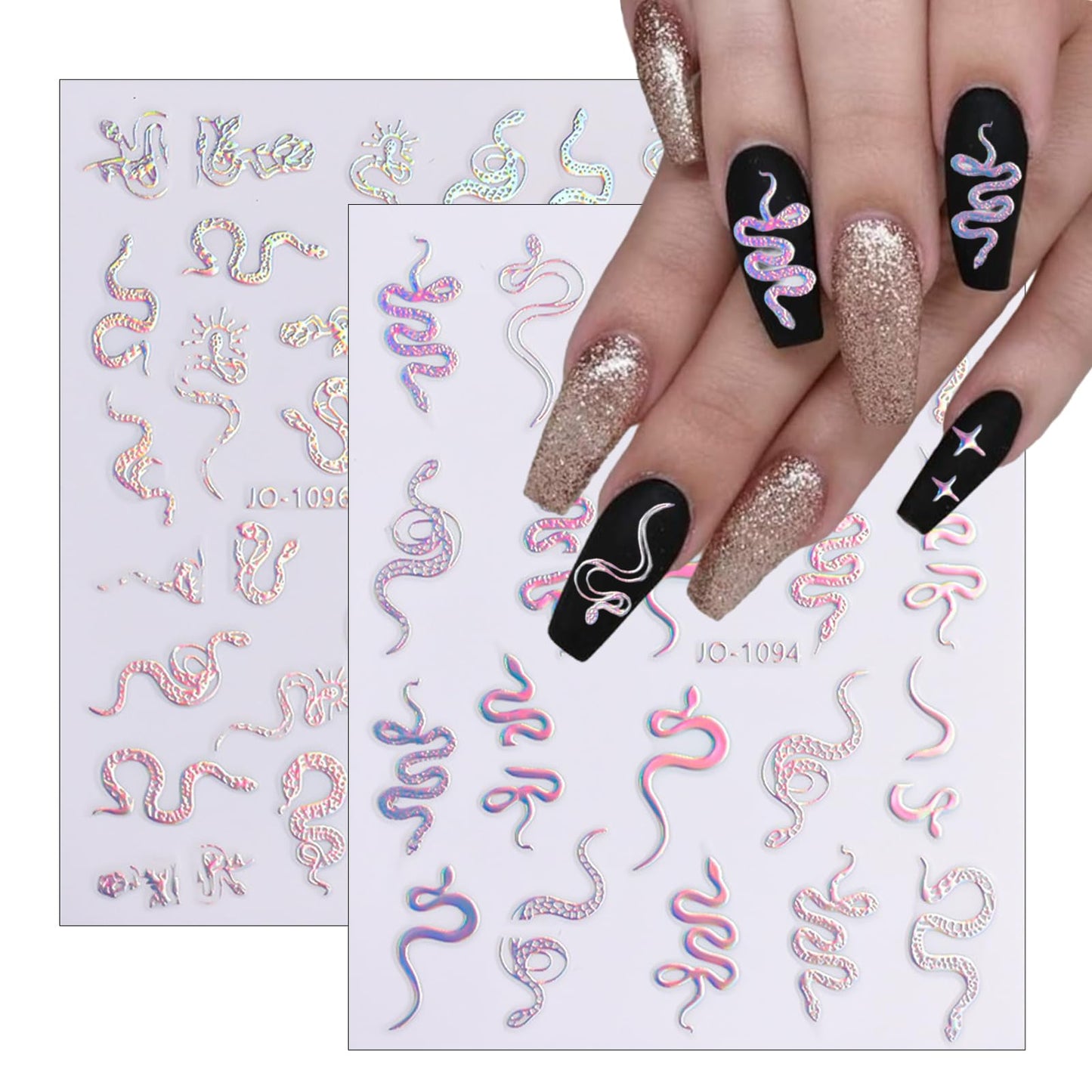 5 Sheets Aurora Silver Snake Nail Art Stickers 3D Self-Adhesive Laser Nail Decals Stars Sun Moon Line Holographic Designs Nail Stickers for Women Girls DIY Manicure Supplies