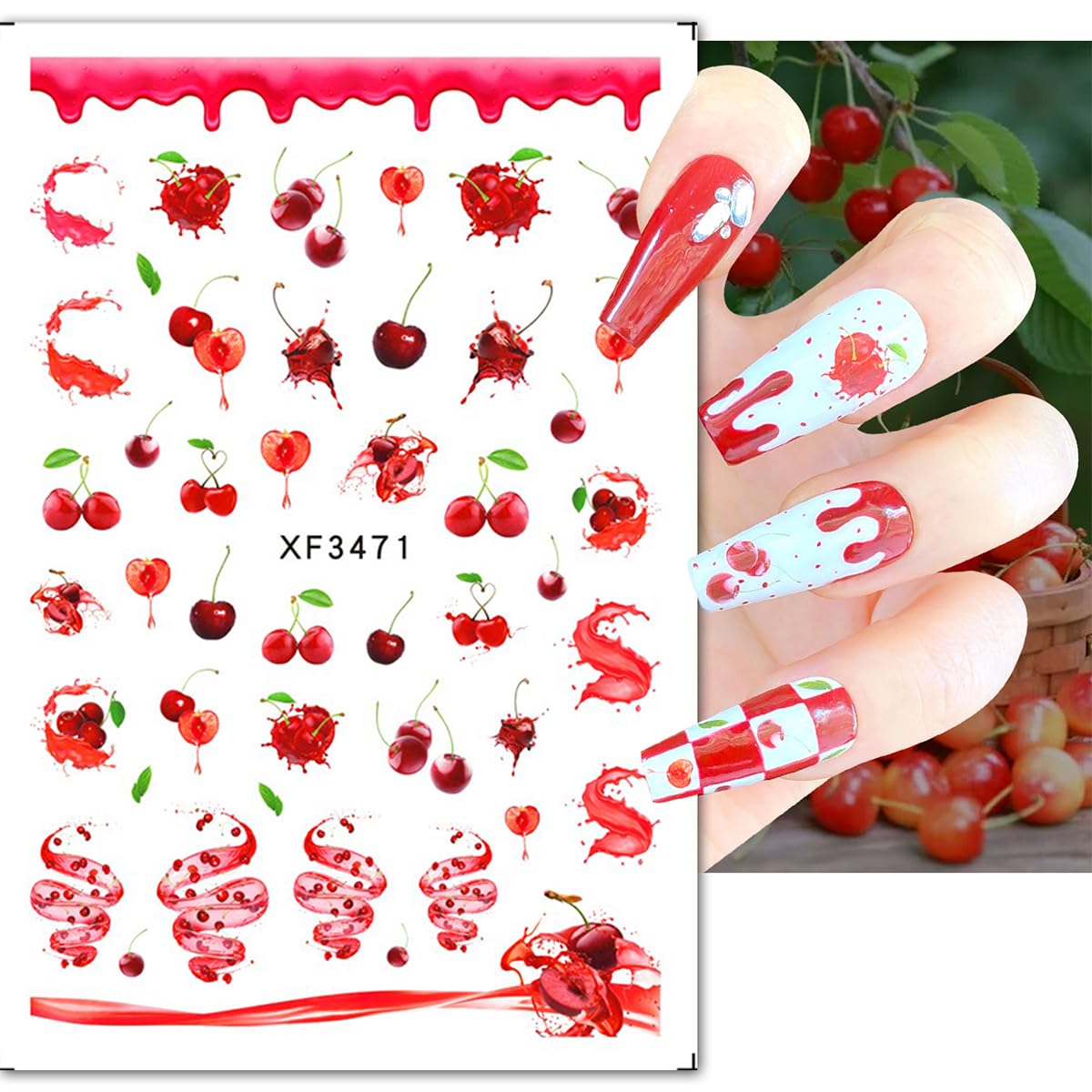 6Sheets Cherry Nail Art Stickers Decals Summer Fruit Nail Stickers 3D Self-Adhesive Strawberry Bow Nail Art Design Supplies Cute Fruits Rabbits Nail Decals for Women and Girls Acrylic Nails Decoration