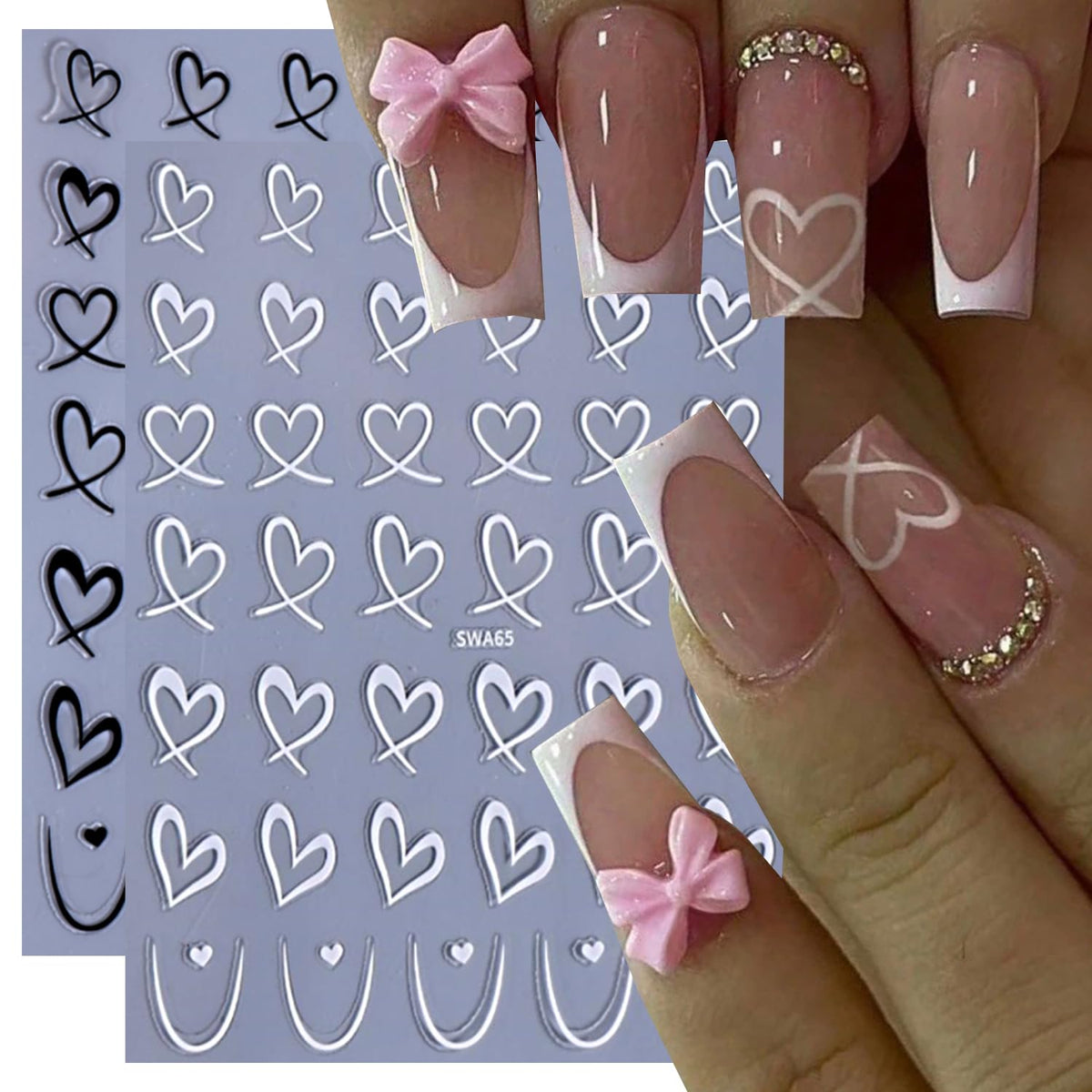 3pcs Valentine's Day Nail Art Stickers 3D Black White Pink Lines Love Heart Nail Decals Irregular French Stripe Lines Simple Valentine's Design DIY Adhesive Stickers Hearts Manicure Decor for Women