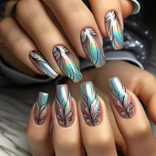 FIEONCIY Press on Nails Square Medium Length Glossy Full Cover Acrylic Square Shaped False Nails with Designs Artificial Short Coffin Fake Nails with Charms Glue ons Fingernails for Women(BL04)