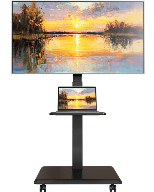ECOTINY Steel Base Rolling TV Stand for 32-75 inch TVs up to 110 lbs, Leveling & Tilt & Swivel Mobile TV Stand with Hidden Wire Management, Height Adjustable Portable Tv Stand with Steel Shelf, Black