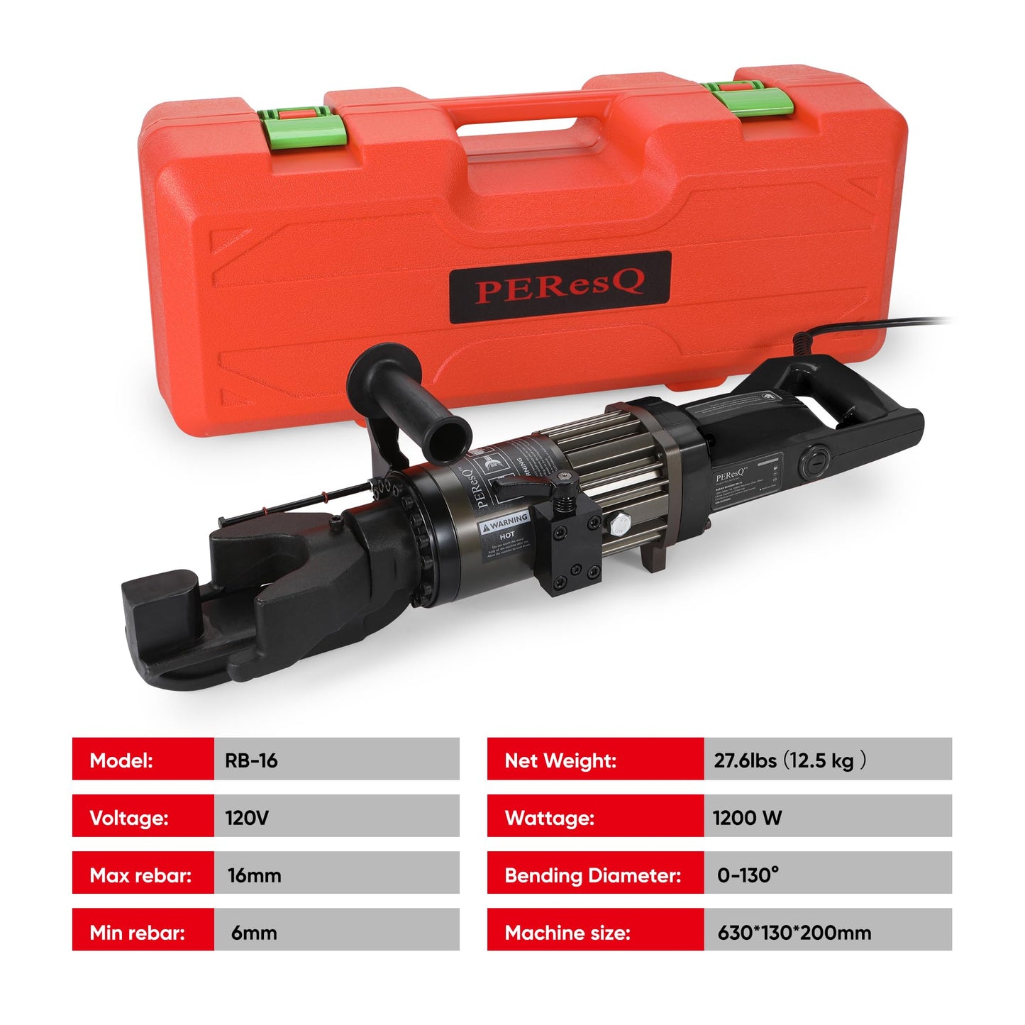 PEResQ Electric Rebar Bender, 5/8 Inch (16 mm) Hydraulic Portable Rebar Bending Machine, 1200W 120V, 2–2.5 s Fast Bending, 27.6 lb, Model RB-16 (Black)