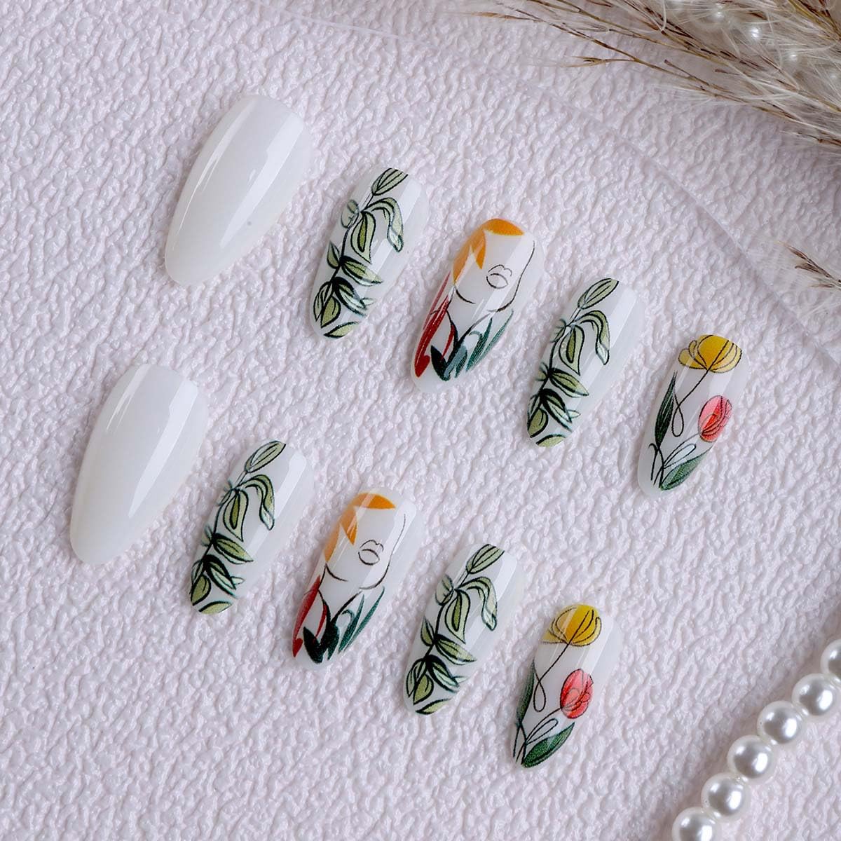 LINMEIZAI 24 Pcs French Press on Nails Short Almond Y2K Fake Nails Press ons Nail Tips Glue on Nails Acrylic Nail Kit with Floral Abstract Line Art Design False Nails Stickers Nail Art for Women