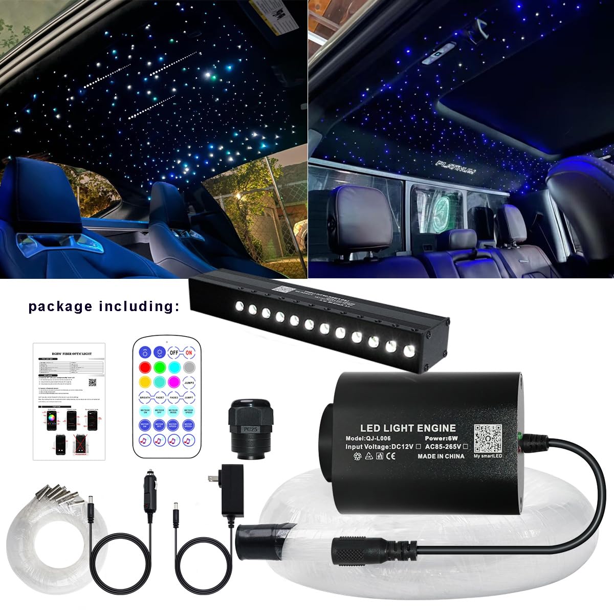 AZIMOM Mini 6W Twinkle 550pcs0.03in 9.8ft Fiber Optic Starlight Headliner+180pcs Fiber Pure White Meteor Shooting Star for Car Home, End Glow Fiber Strands Sound-Activated APP& Remote Control