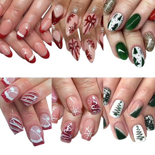 6 Packs (144 Pcs) Christmas Press on Nails Almond, Short Square Press on Nails, with Christmas Tree Snowflake Design Red Green Fake Nails for Women - 12 Sizes, 6 Styles