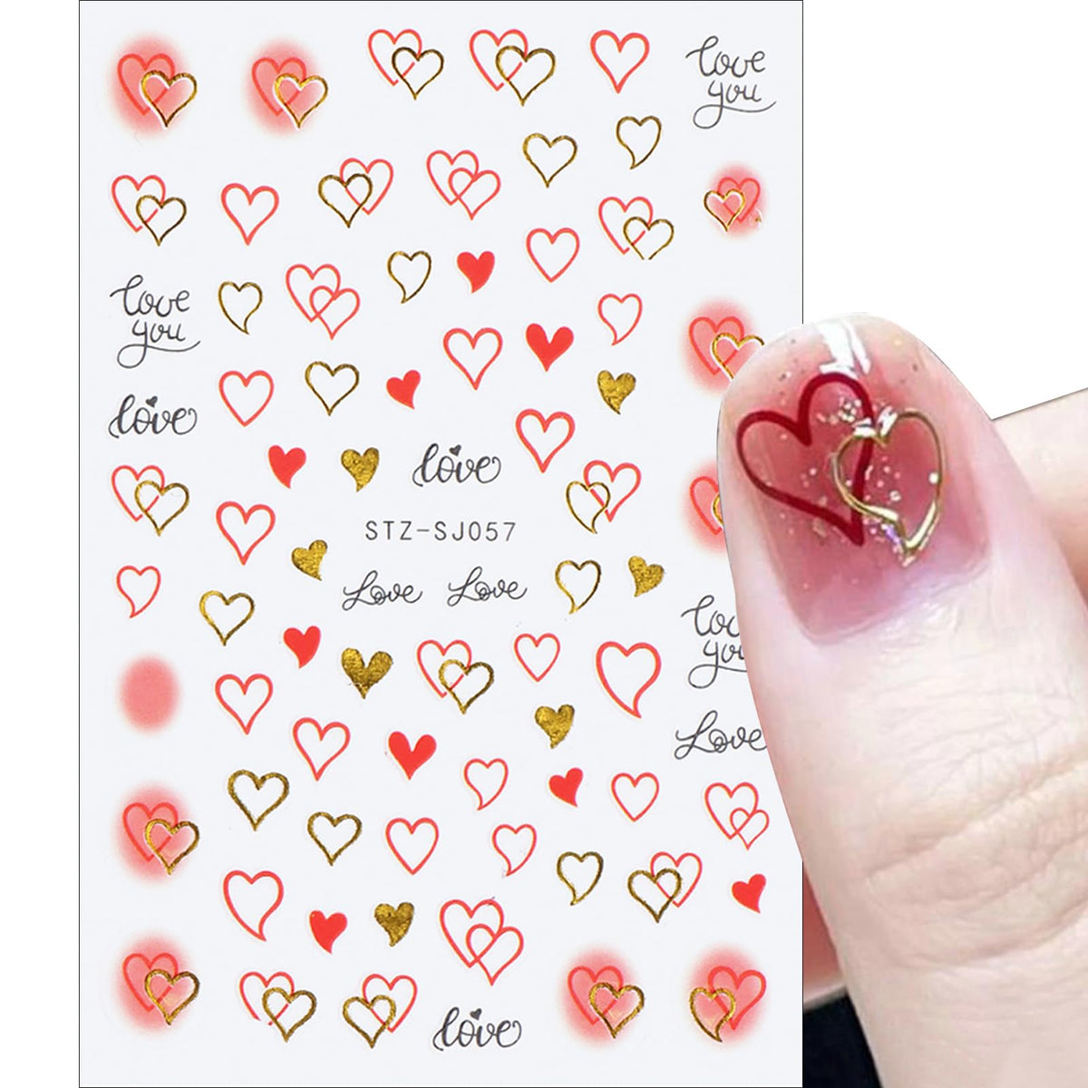 6pcs Valentine's Day Nail Art Stickers 3D Heart Shape Self-Adhesive Cute Bear White Red Pink Love Heart Design Nail Decals Gold Curve Design Nail Decals Suitable for Women Girls Nail Art Decoration