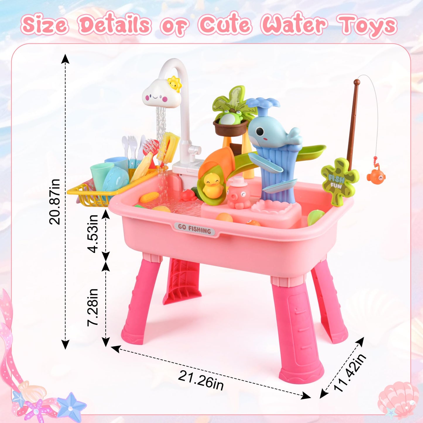 Mobelixy Upgraded Toddler Sand Water Table Toy with Electric Water Pump, Kids Sand Water with Faucet/Play Food Accessories/Fishing Toy, Kitchen Play Sink Toys for Girl Boy Age 3+ (Pink)