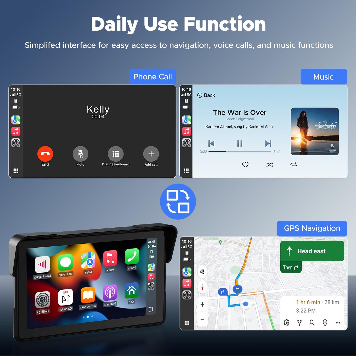 VOLAM 7" Wireless Motorcycle CarPlay Screen, IP67 Waterproof Touchscreen,GPS Navigation System,Anti-Glare for Daylight, Voice Control, Dual Bluetooth, Suitable for Harley, Kawasaki, Yamaha, etc.