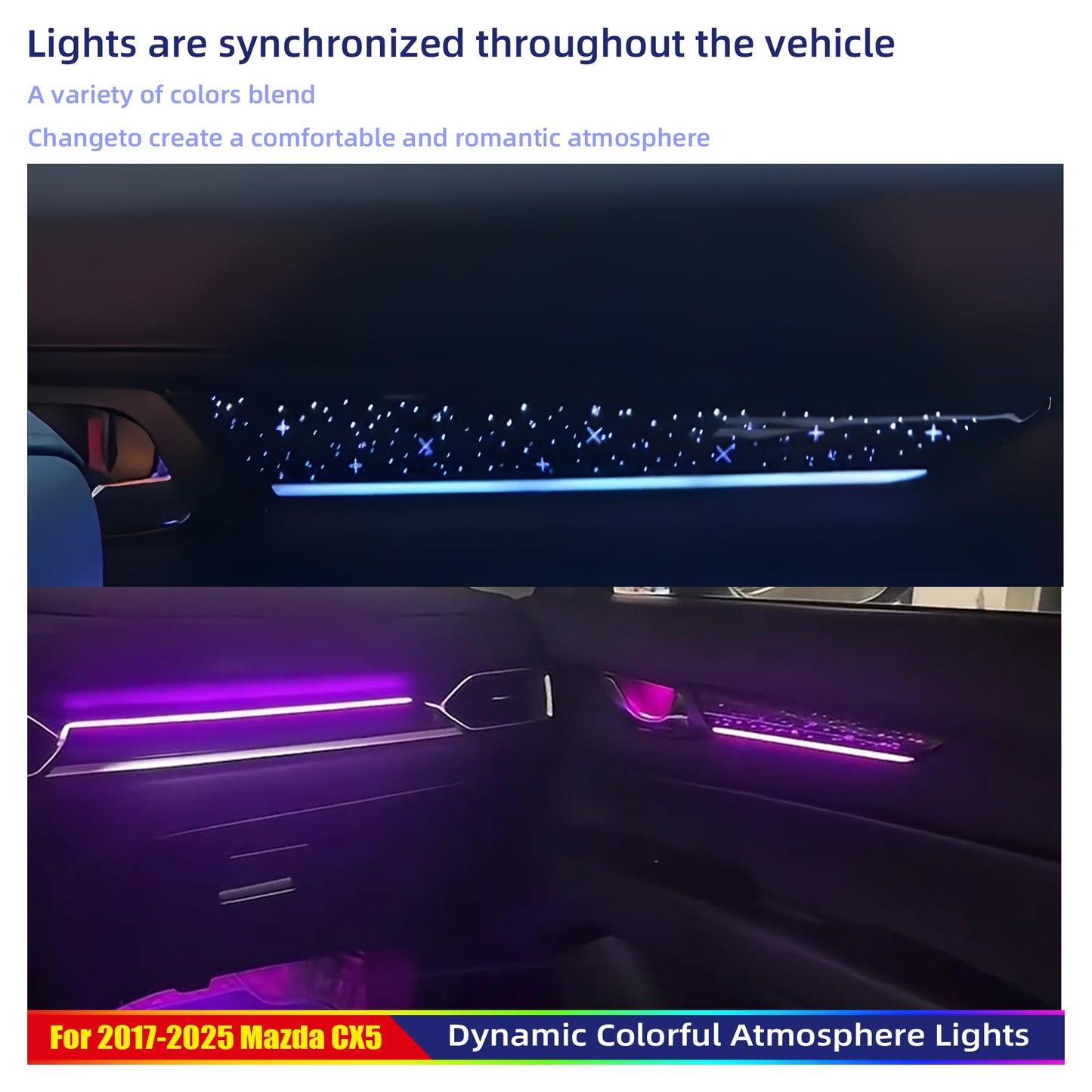 256-Color Interior Ambient Lighting Kit for Mazda CX-5 2017-2025 | 4 Door Panels + LED Strips + Footwell & Handle Lights | Music Sync, APP & Button Control