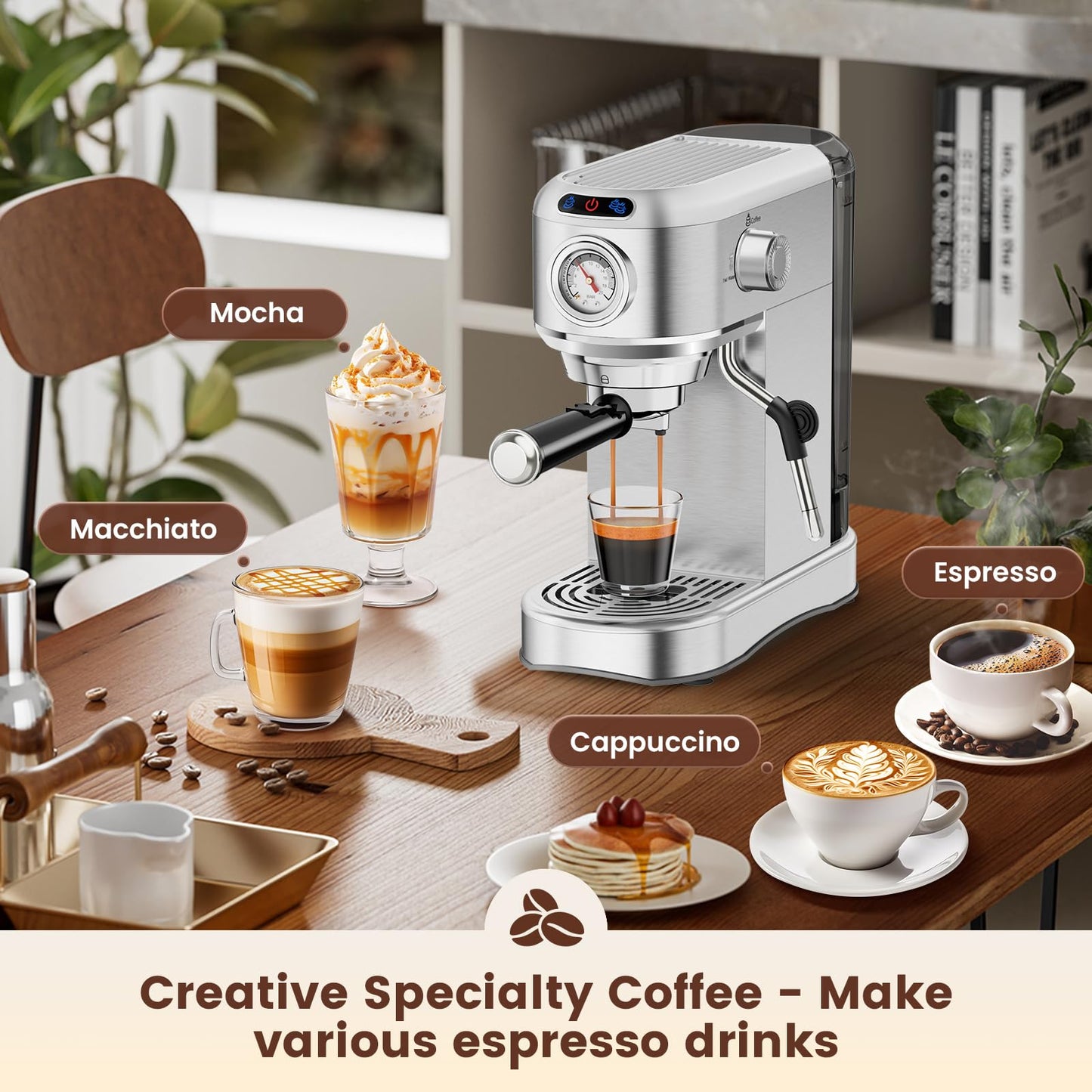 ANYCOLD Espresso Machine 20 Bar, Compact Espresso Maker, Stainless Steel Expresso Coffee Machines with Steam Milk Frother & 34oz Removable Water Tank for Cappuccino, Latte, Home Office Use, Silver