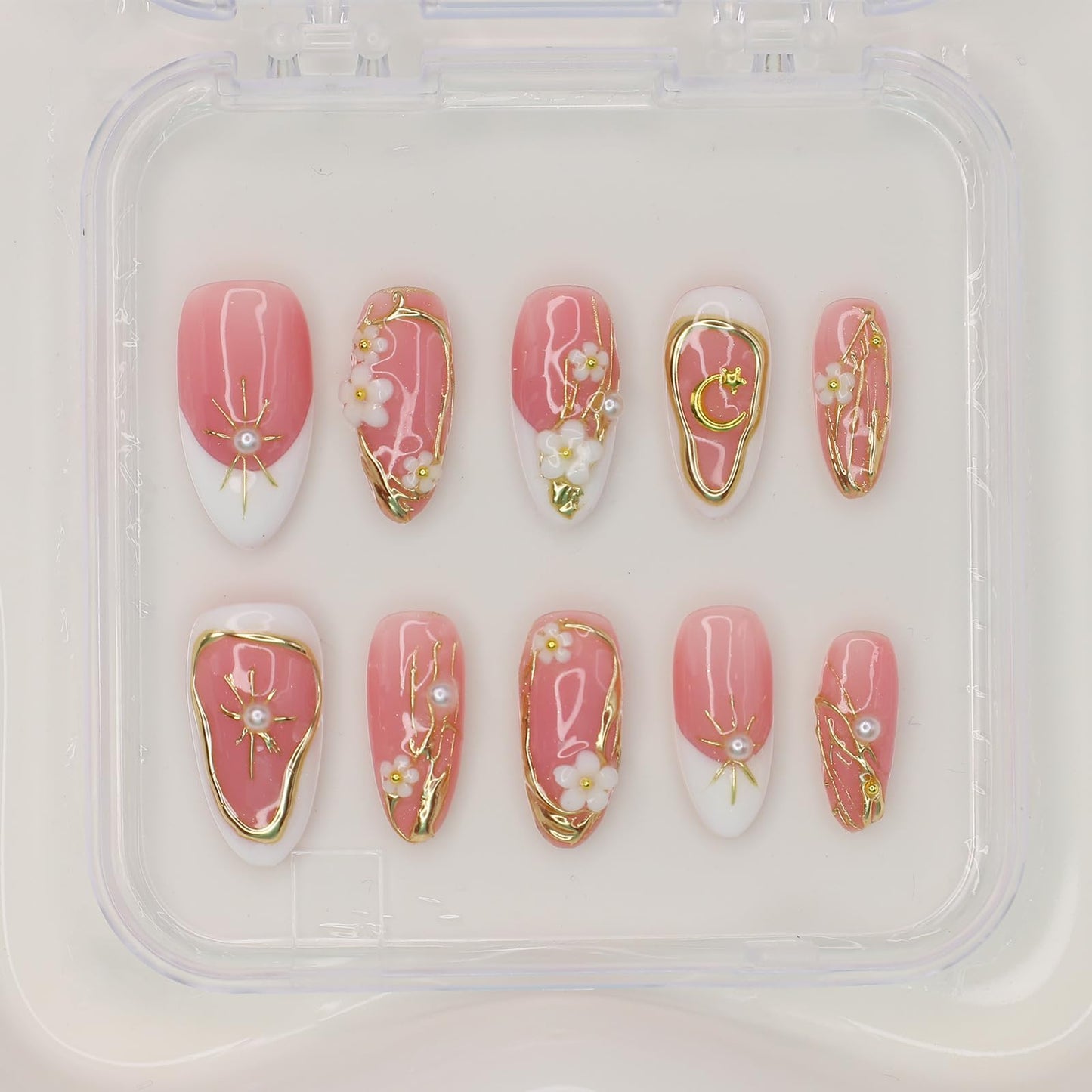 10Pcs Handmade Flower Press on Nails Almond Medium Fake Nails with 3D Flower Pearl Design Spring Summer Flower False Nails French Tip Acrylic Nails Press ons Holiday Stick on Nail for Women (S)