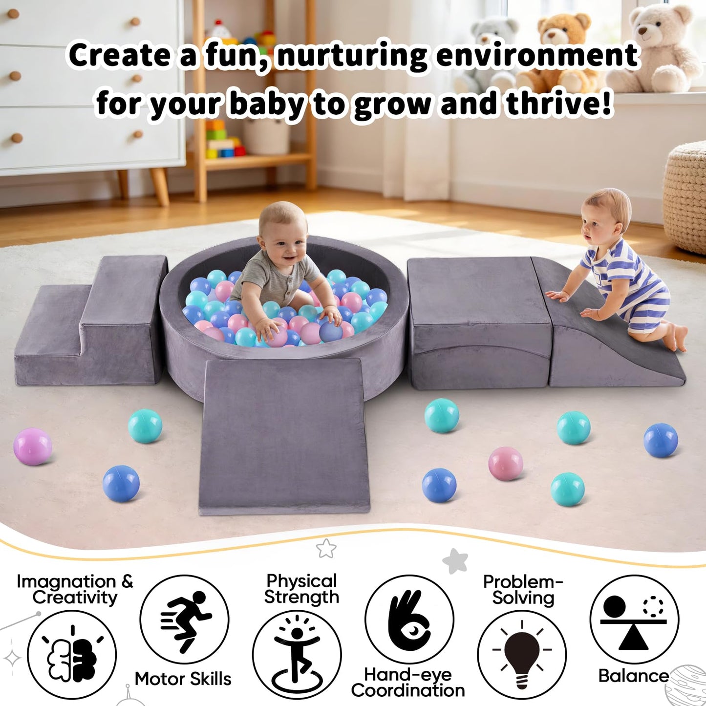 Toddler Climbing Toys Indoor for 1-3, Baby Foam Climbing Blocks with Ball Pit, Climbing Toys for Toddlers 1 Year Old, Baby Soft Play Set Modular Crawling Sliding Play Activity (Balls Not Included)