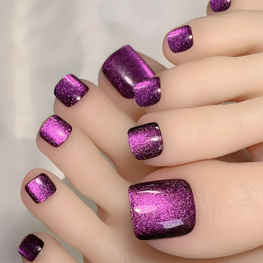 Press On Toenails Glitter Purple False Nails Glossy Full Cover Acrylic With Designs Bling Artificial Stick On for Women Manicure