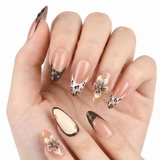 Elegant Nude Press-On Nails with Floral Design and Leopard Print French Tips, High-Gloss Salon-Quality False Nails Kit for Women, Durable, Comfortable, Easy Application, 24 Pcs Set