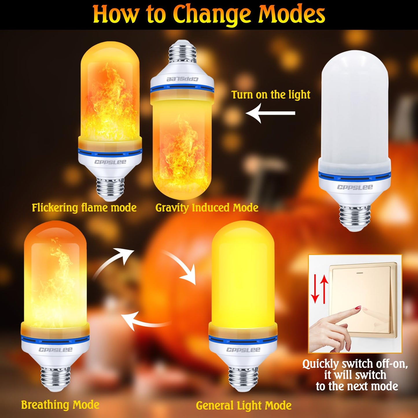 CPPSLEE Upgraded LED Flame Light Bulbs, 4 Modes Flickering Light Bulbs, E26 Base Fire Flame Bulb for Halloween Decorations Outdoor, Christmas Lights Patio Indoor Home Decor (Yellow, 4 Pack)