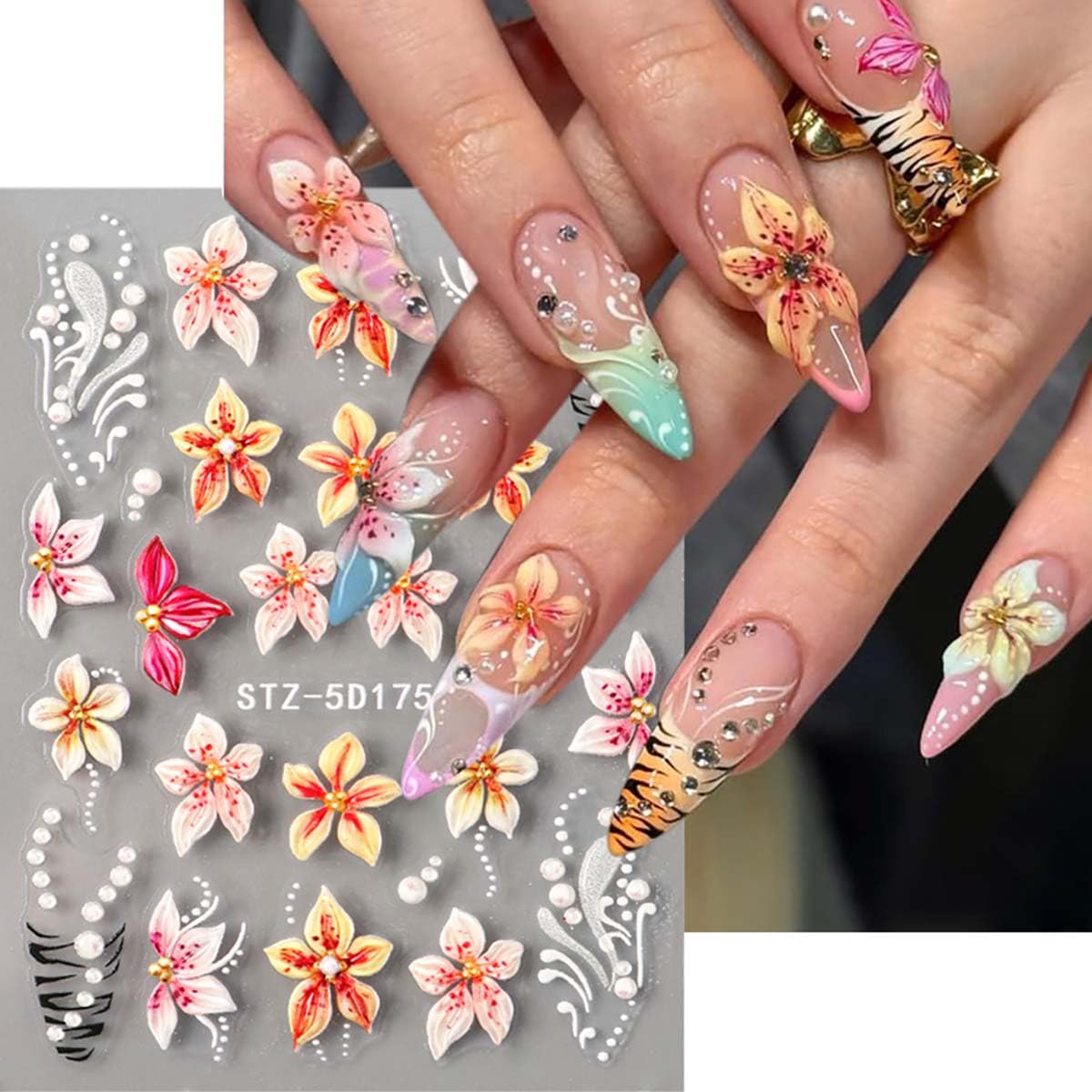 3 Sheets Flower Nail Stickers Cherry Lily Nail Decals 5D Self-Adhesive White Blue Pink Gradient Floral Nail Art Stickers Spring Summer Nail Decoration for Women DIY Manicure Supplies