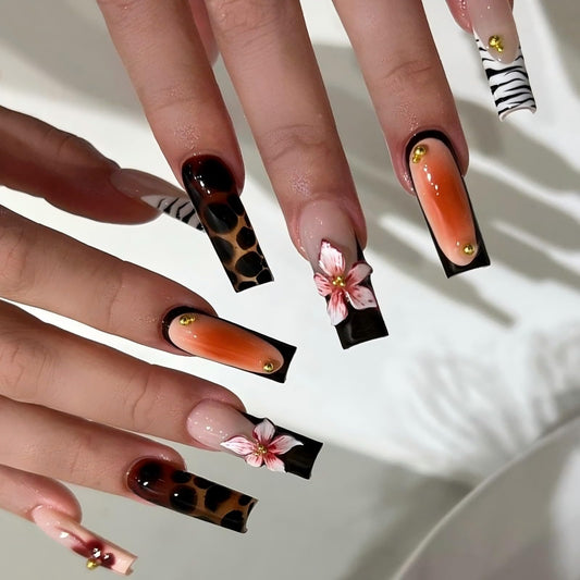 FORBELOVED NAILS,French Tip-Line Zebra Press On Nails,Long Square Glue On Nails,Shiny 3D Flower With Gradient Blush Design False Nails For Women And Girls,12 Sizes-24Pcs with Glue,(Black),FOB