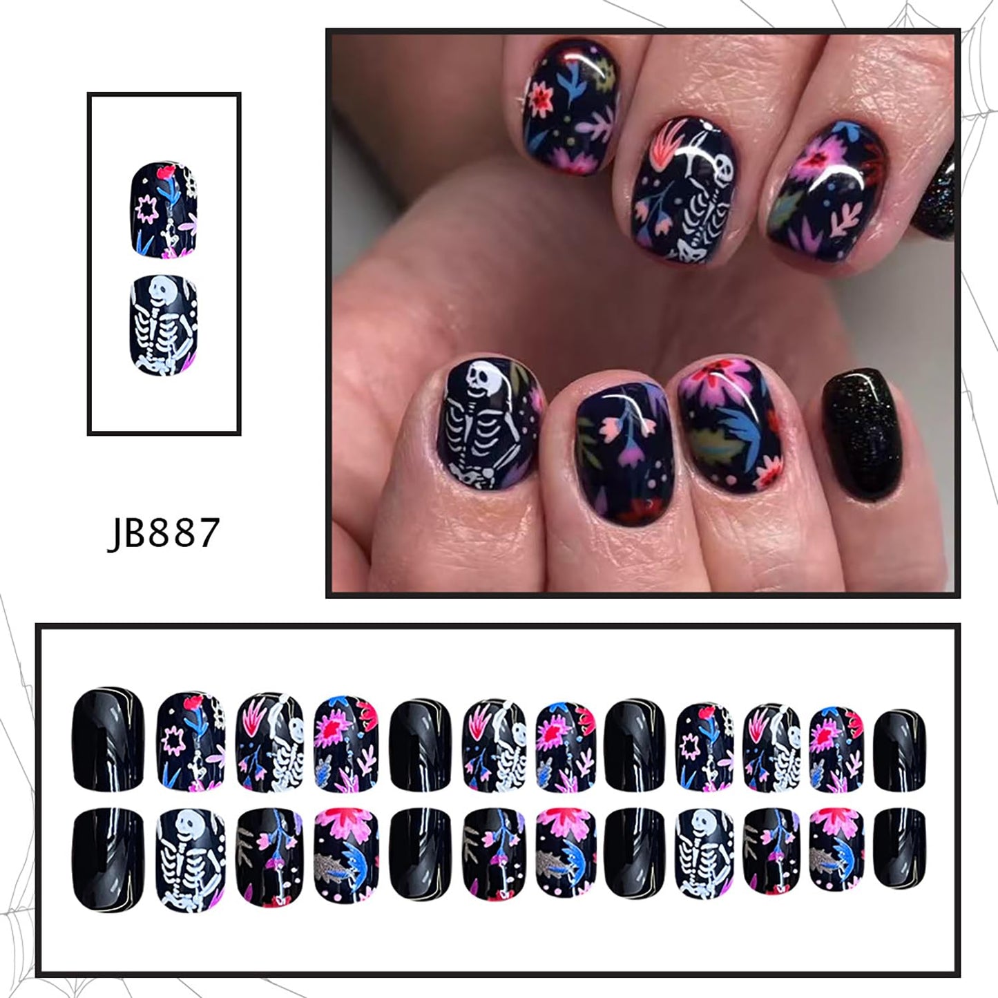 CJDLTS Black Halloween Press on Nails Short Square White Skull False Nail Acrylic Artificial Fingernails Colorful Flowers Design Full Cover Glossy Festival Stick on Nails for Women Supplies 24Pcs