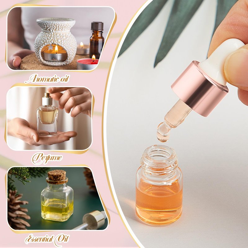 Didaey 100 Pcs 2 ml Mini Glass Oil Dropper Bottle Bulk, Clear Essential Small Empty Bottles Sample Containers Perfume Liquid Vials with Cap for Traveling(2 ml, Rose Gold)
