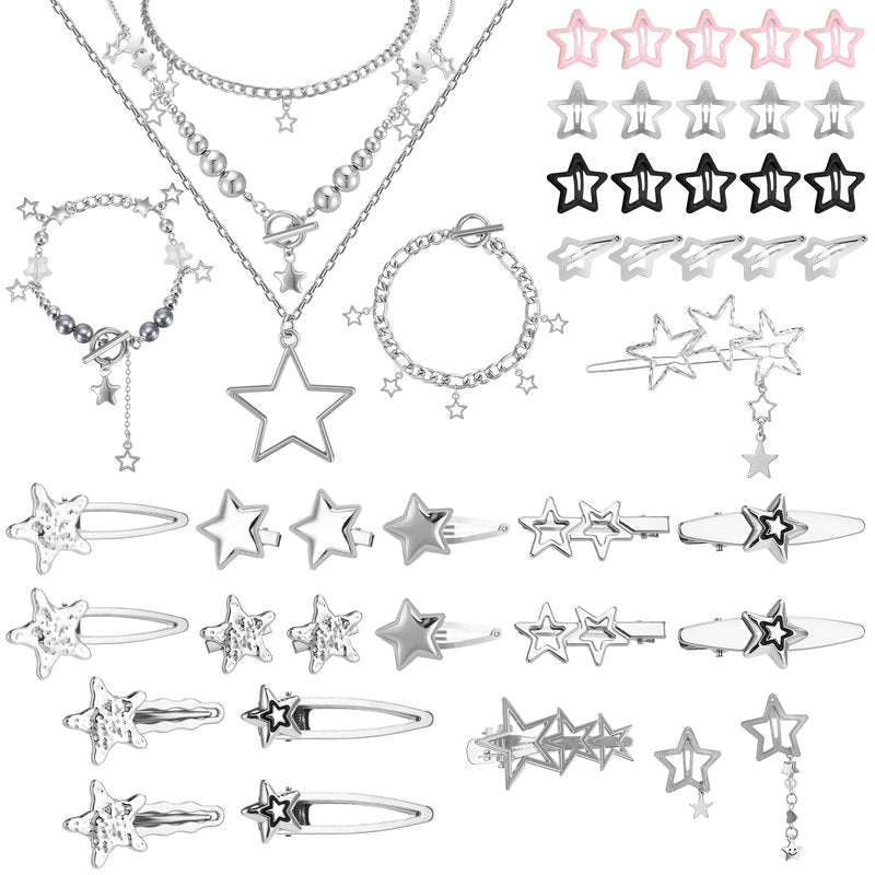 ZhouBoat 45PCS Y2K Hair Clips for Women Girls Star Barrettes Necklace Bracelets Set Kawaii Retro 2000s Hair Accessories Festival Rave Grunge Aesthetic