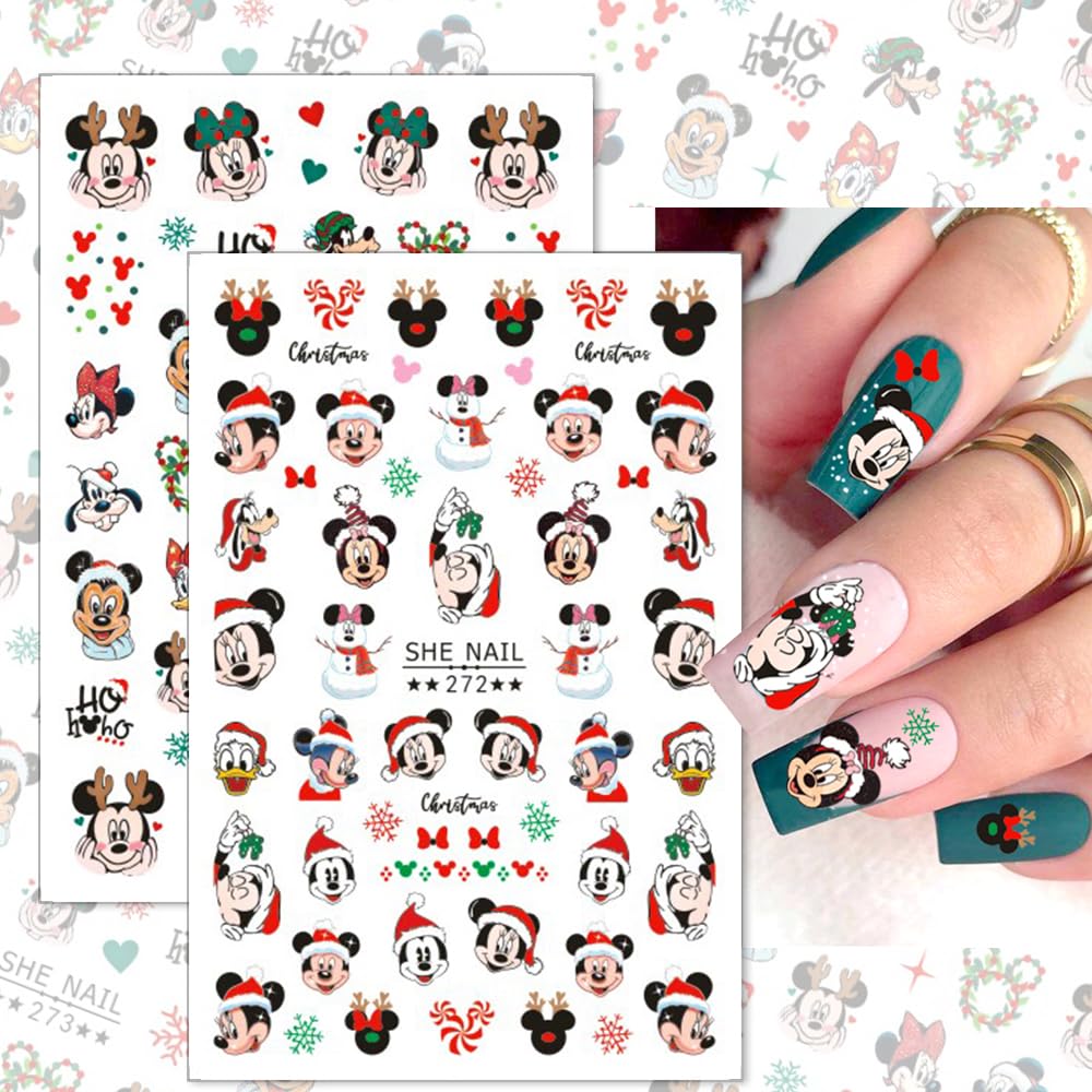 Christmas Nail Stickers - 8 Sheets Cute Cartoon Self-Adhesive Nail Decals, Xmas Nail Art Supply With Snowflake, Elk, Mouse Design for Women Girls DIY Nail Decoration