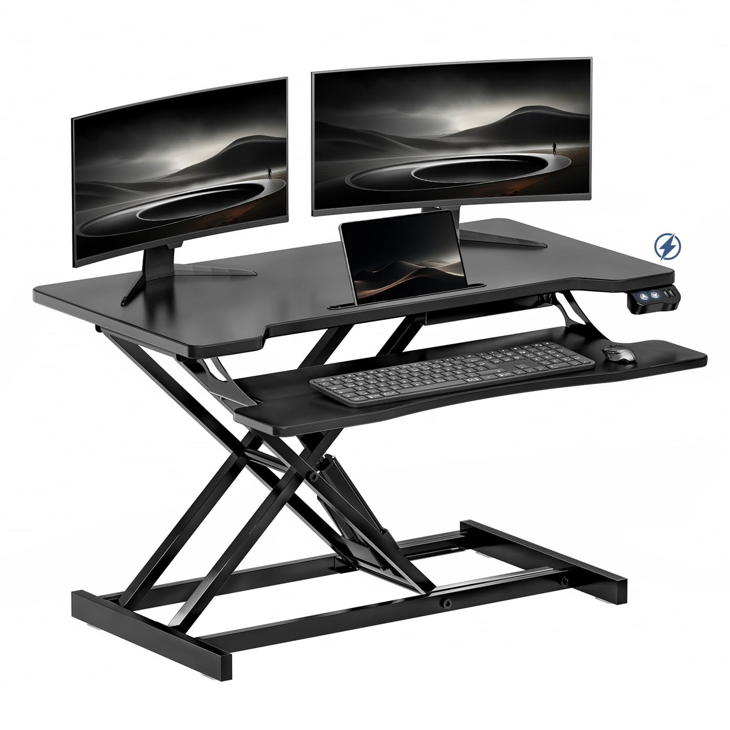 OUKMIC 32" Electric Standing Desk Converter, Height Adjustable Sit to Stand Up Desk Riser with Large Keyboard Tray, Dual Monitor and Laptop Motorized Desktop Workstation for Home & Office, Black