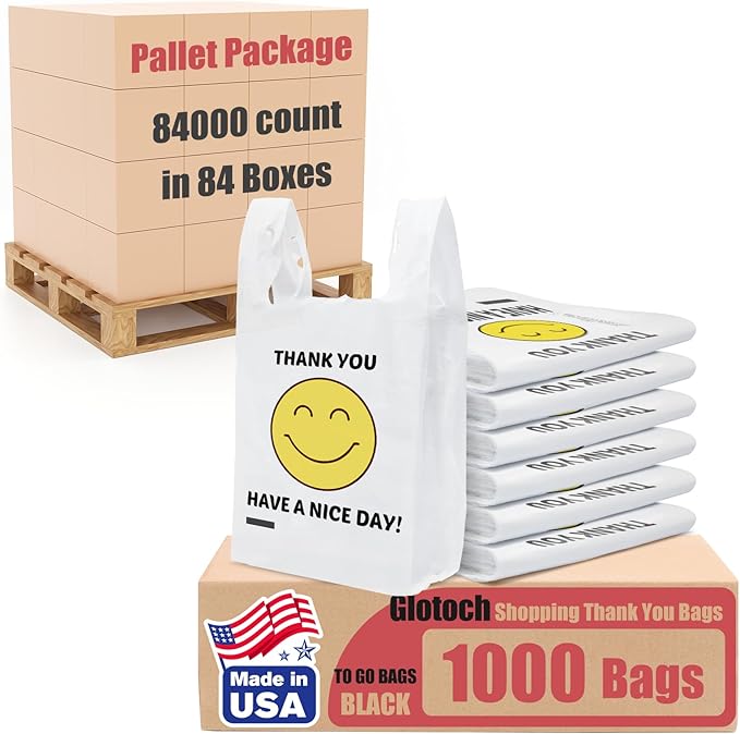 Glotoch 84000 (84K) Ct Plastic Thank You T-shirt Bags Smile Face, 11.5 x 6.5x 21" Have Nice Day Grocery Shopping Gift Bag with Handles for Restaurant, Retail, To go, Convenience Store, in Bulk Business