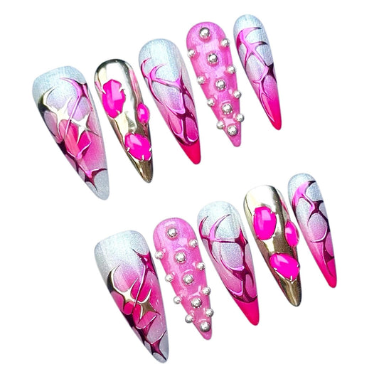 Handmade 3D Pink Silver Future Tech Stiletto Press On Nails, Metallic Rivet Rhinestone Sweet Cool Artisan Nails Set, Reusable Glossy Press-ons with Tool Kit(M)