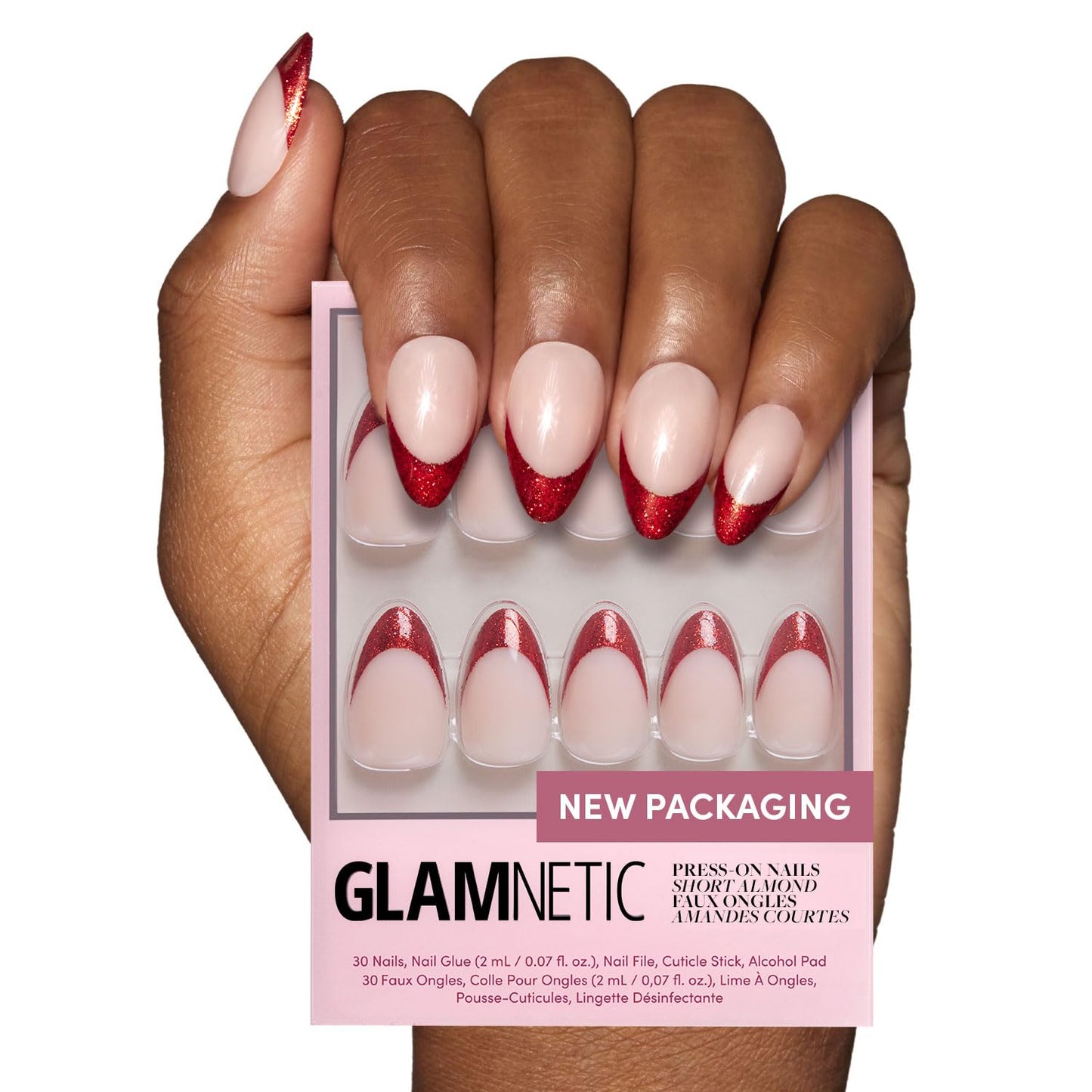 Glamnetic Press-On Nails Bundle - Red Affair & Cherry Glaze | Short Almond Red Glitter French Tip Nails with a Glossy Finish | Short Round Cherry Red Nails with a Glazed Finish | Reusable, Salon-Quali