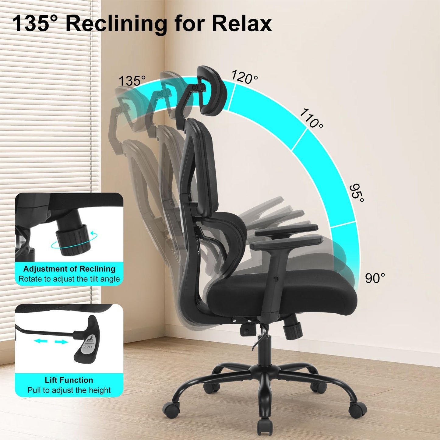 Home Office Chair, Ergonomic Desk Chair with Adjustable Height, Lumbar Support, High Back Mesh Computer Chair with Flip up Armrests, Task Chairs for Home Office - 300lb Executive Chairs (Black)