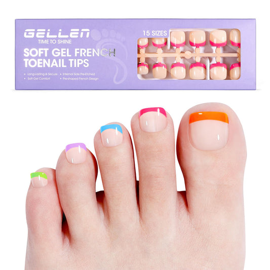 French Tip Toe Nail Tips Press on, Gellen Toe Nail Press ons Short Brighter Pastel, Chip-free Soft Gel Toe Nail Tips Full Cover Pre-designed for Fast Pedicure, 15 Sizes 150pcs Summer Fake Toenails