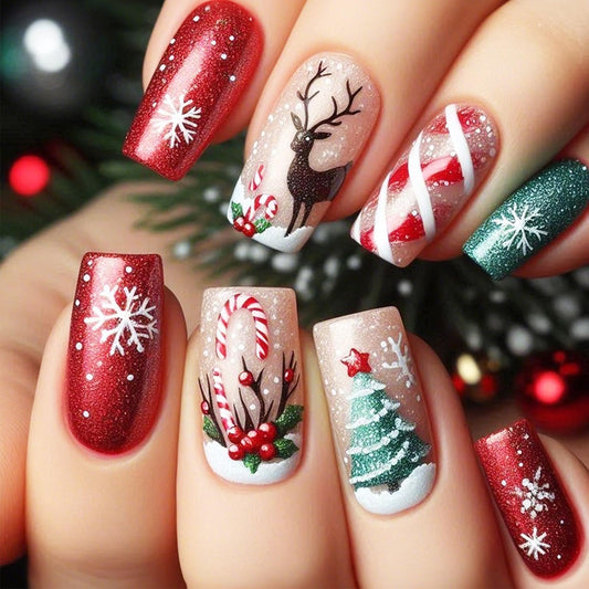 24Pcs Brown Elk Press on Nails Christmas Tree Gel Glue on Nail Christmas Medium Square False Nails Snowflake Stick on Fingernails Glossy Red Stars Acrylic Fake Nail for Women Xmas Gift