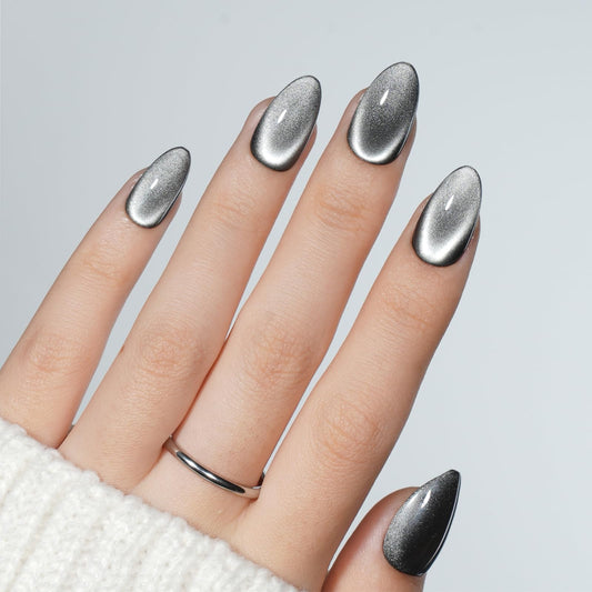 Black Cat Eye Press On Nails - Short Almond Black Nails Press ons for Women, Reusable Glossy Fake Nails Kit with Glue, 32 Pieces in 16 Sizes