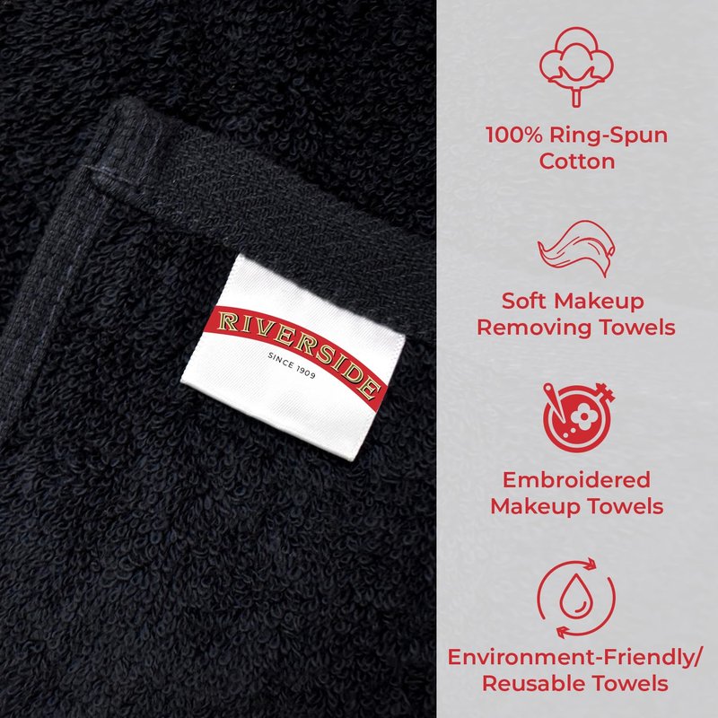 RIVERSIDE Black Makeup Towels - Pack of 6 (13x13) Soft Cotton Makeup Washcloths for Face - Reusable, Quick-Dry Makeup Remover Towels for Bathroom, Spa & Salon - Gentle on Skin - Hello Beauty