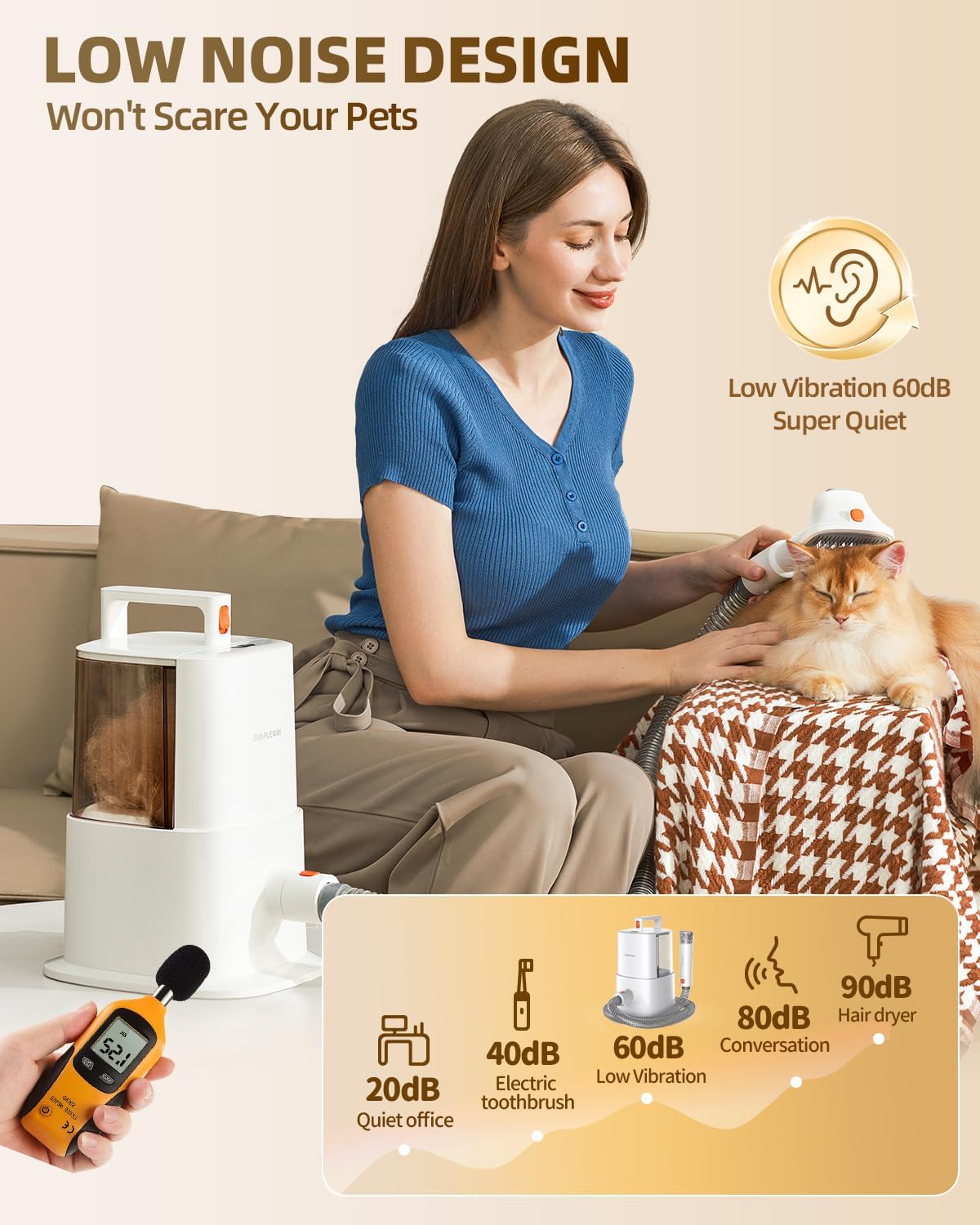 Simple Way Dog Grooming Vacuum Kit for Shedding: Pet Hair Remover with Quiet Suction Cleaners and Large Capacity Dustbin for Long-Haired Dogs and Cats Home Brush and Groomer with 6 Attachments(Ivory)