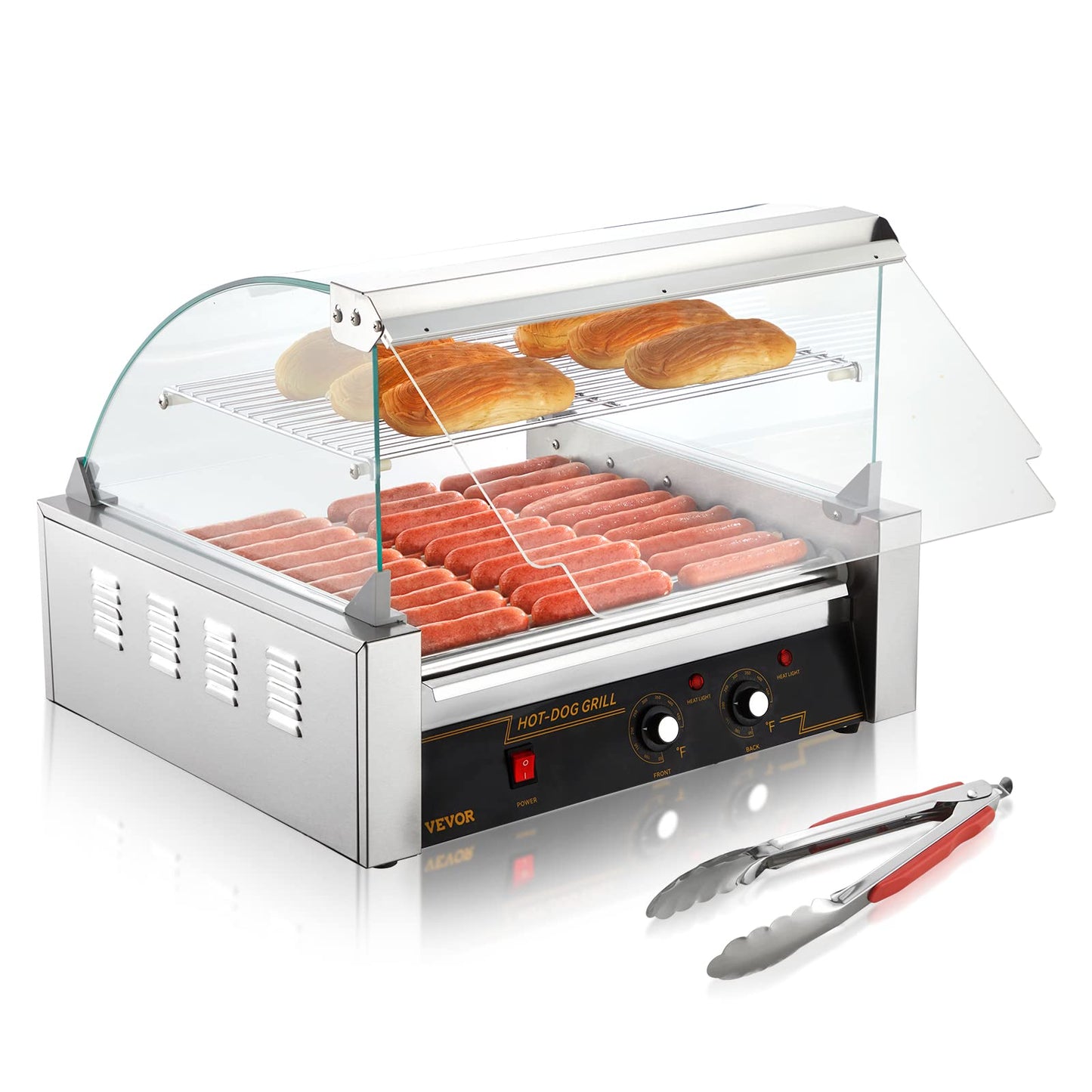 Happybuy Hot Dog Roller, 11 Rollers for 30 Hot Dogs, 1650W Stainless Sausage Grill with Dual Temp Control & Acrylic Cover