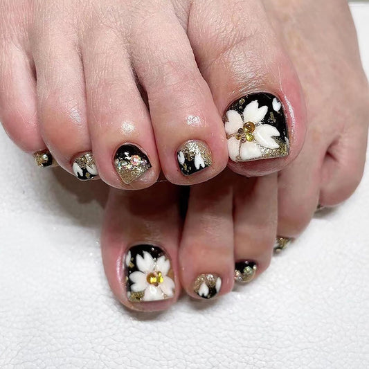 Black Artificial Acrylic Fake Nails for Toe, Press on Toenails Coffin with White Flower Designs, Full Cover Reusable False Toenails with Glue, Glue on Toe nails with Charm for Women Girls（JP2336）