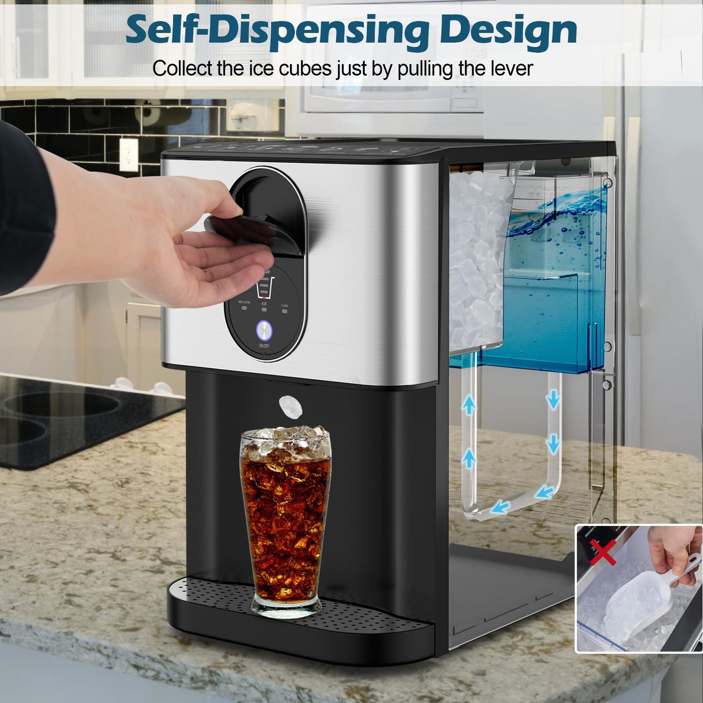 ARLIME Self Dispensing Nugget Ice Maker Countertop, 56 lbs/24 H Pepple Chewable Ice Making Machine w/Self-Cleaning System, Pellet Ice Machine w/ 0.63 gal Water Tank for Home Kitchen Party